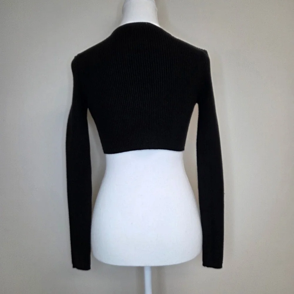 Zara Womens Small Black Ribbed Knit Keyhole Tie Front Long Sleeve Crop Top S